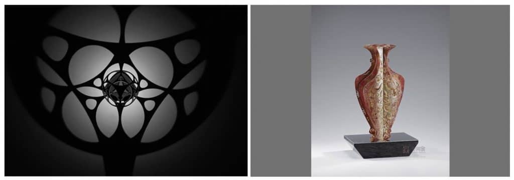 左：向罕設計／影子燈（壁燈）。右：谷同金／海棠福壽（福壽海棠式瓶）